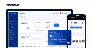 Brandabale omnichannel digital banking interface by Purpleplum, featuring mobile app, web banking interface, and virtual card module.