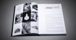 Collage (left) with nine images total which feature three 3D BIM models, two as-built drawings, and three on-site images, one 3D point cloud, and (right) exterior elevation and 3D point cloud with Jared Curtis’ essay.