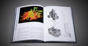 An open book displays a 3D point cloud and text below on the left page and as-built drawings with labels on the right.