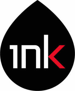 Ink Innovation logo featuring white “Ink” text with a red arrowhead K on a black teardrop background
