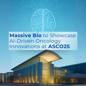 Exterior of McCormick Place with a digital brain graphic above, showcasing Massive Bio’s announcement to present AI-driven oncology innovations at ASCO25.