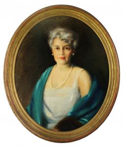 An oval-framed painted portrait of Lolita Armour, the meatpacking heiress, depicting an older woman with short white hair, wearing a white dress, a pearl necklace, and a teal shawl draped over her shoulders against a dark background.