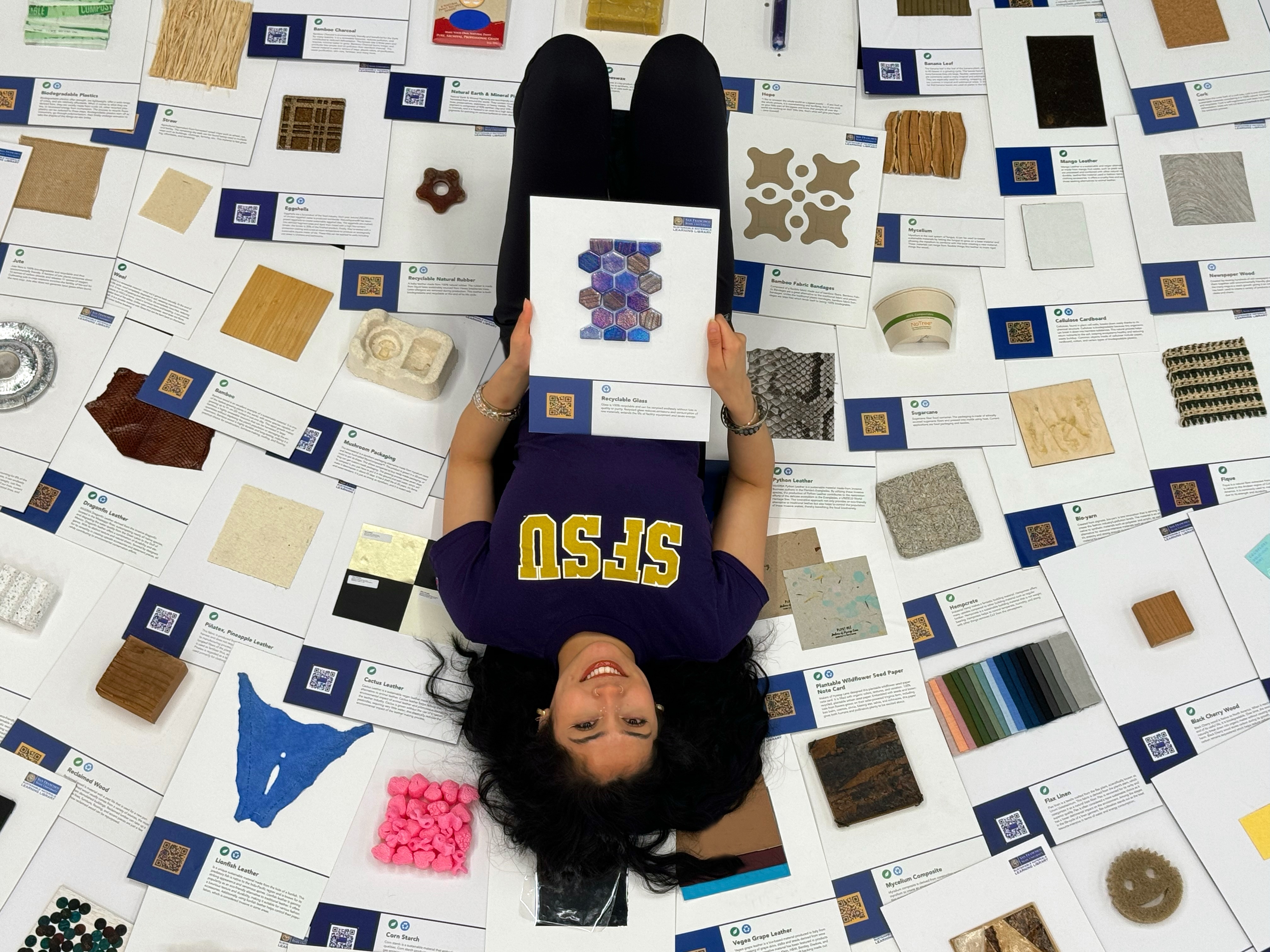 SFSU alumna and sustainable materials library Co-Founder Jacksaline Perez showcases sustainable materials samples collected from around the world for the last two years