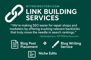 Promotional graphic for NTTRDirectory.com's Link Building Services showing a quote about SEO benefits, and icons for blog post placement, niche edits, and blog writing.
