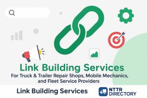 Vector graphic showing interlocking chain links surrounded by SEO icons like a search bar, gear, target, chart, and megaphone, symbolizing link building strategies.
