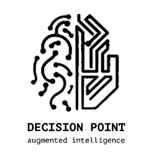 half human brain half machine brain Decision Point logo for augmented intelligence