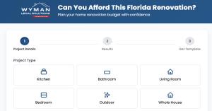 Wyman Legal Solutions Renovation Budget Planner interface with project type options for homeowners in Florida.