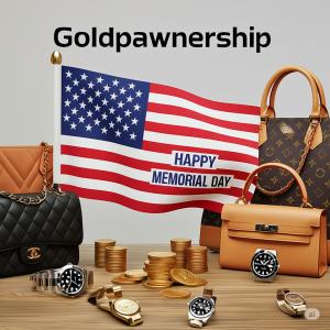 The Jewelers Coin & Loan Co. presents a Memorial Day Live Show featuring authentic designer handbags, wallets, jewelry, gold chains, diamonds, scarves, and sunglasses. The collection includes items from Chanel, Prada, Gucci, Hermes, Louis Vuitton, YSL, Go