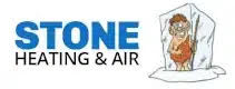 Stone Heating & Air logo featuring a cartoon caveman frozen in a block of ice.