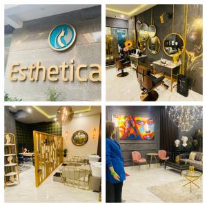 Interior and exterior view of Estheticare clinic showcasing luxurious design, modern treatment areas, and an inviting ambiance.