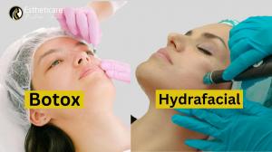Close-up images of women receiving Botox injections and HydraFacial treatment at Estheticare, symbolizing advanced skincare services.