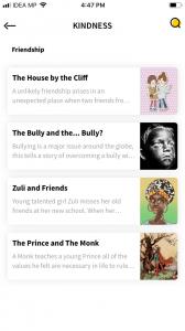 A screenshot of the storied app inside a phone. The app has multiple stories under a headline that reads "kindness"