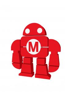 3D illustration of Makey, the iconic red robot mascot of Maker Faire, standing upright with bold geometric limbs and a white "M" on its chest, symbolizing innovation, creativity, and the maker movement.