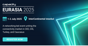 Here’s suitable alt text for the image:  **Alt Text:** "Promotional banner for Capacity Eurasia 2025, taking place 1–2 July at the InterContinental Istanbul. A networking-led event for the connectivity market in CEE, CIS, Turkey, and the Caucasus, with a 
