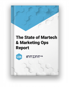 Front cover of the “State of Martech & Marketing Ops Report 2025” by LXA and Intent HQ, featuring a white and blue hexagonal design with both company logos.