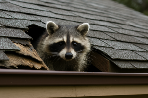Raccoon peeking through attic during wildlife inspection