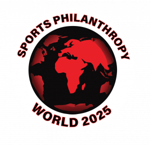 Logo for Sports Philanthropy World Conference consisting of a red and black globe with the words Sports Philanthropy World 2025 around the perimeter