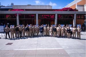 Secretary of the Navy John C. Phelan poses with U.S. Navy and Marine Corps student presenters at Naval Postgraduate School for a group photo during a visit, May 29. (U.S. Marine Corps photo by Cpl. Chloe N. McAfee)