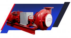Red industrial pump with PSI logo on a blue and gradient grey background.
