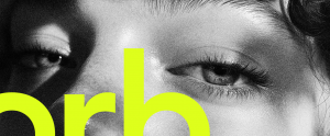 Orb Group logo with black and white image of woman in background