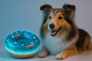 Picture of a AI, cyber looking donut with a happy miniature shelty.