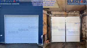 Stylish white carriage-style garage doors installed by Electra at a Newton home for better insulation and curb appeal.