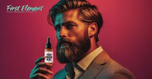 Bearded man holding a private label beard oil bottle with customizable branding by First Element, promoting barbershop retail solutions.