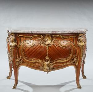 Important early 20th century Louis XV style gilt bronze mounted kingwood, bois satiné, ebony and marquetry commode à vantaux: Coquille, François Linke. Estimate: $50,000-$70,000
