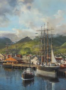 Oil on canvas painting by David Thimgan (American, 1955-2003), titled Falls of Clyde at Honolulu, 40 inches by 30 inches (102cm x 76cm). Estimate: $6,000-$8,000