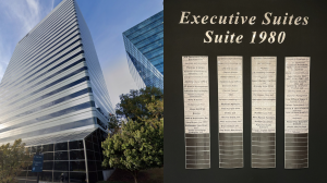 Exterior of a modern high-rise office building in Columbia, SC alongside an interior directory listing Elite Roof and Solar in Suite 1980.
