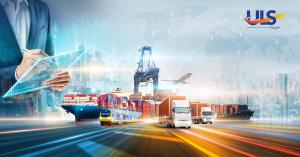 Concept of global logistics featuring ships, trucks, planes, and a digital tablet interface with a supply chain network overlay.