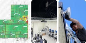 Three-panel image showing (1) a wireless heatmap and access point plan for an indoor facility, (2) an enterprise-grade access point installed in a computer lab ceiling, and (3) a technician mounting an outdoor access point on the exterior of a building. R