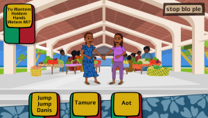 A colorful outdoor market is in the background with two video game characters holding hands in the foreground. Several cards with Bislama text are available to choose the next action.