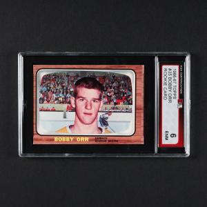 1966 Topps #35 Bobby Orr hockey rookie card graded 6 Excellent-Near Mint by KSA and one of the most iconic images in the world of card collecting. Estimate: CA$8,000-$9,000.