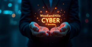 cybersecurity symbolisms with orange and blue glowing holographic image with the words "Woodland Hills Cyber IT Specialists" emanating from the palm of a man
