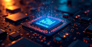 Holographic image with the words "Cybersecurity" emanating from motherboard chips .