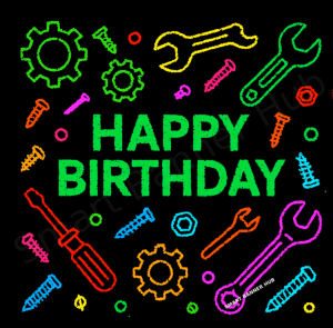 DBSCAN Video E-card birthday animation showing colorful tool icons clustered around "HAPPY BIRTHDAY" text on black background, demonstrating mathematical clustering algorithms applied to creative design
