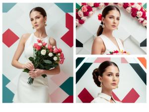 Consistent face rendered in soft fashion themes using floral props and bright geometric backgrounds in AI-generated imagery.