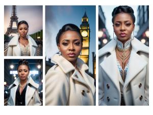 High-fashion AI-generated visuals showing consistent facial identity across global locations and luxury styling.