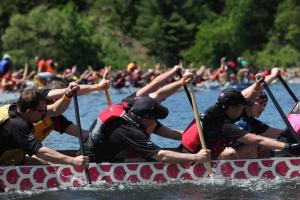 Elite athletes and passionate community paddlers racing for the finish line at the Tim Hortons Ottawa Dragon Boat Festival