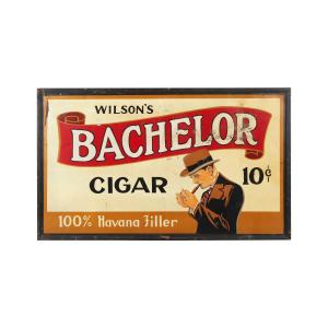 Canadian 1920s single-sided lithographed tin sign with a wood frame for Wilson’s Bachelor Cigars (“100% Havana Filler”), 36 ½ inches by 60 ¾ inches, graded 8.5. (CA$7,080)
