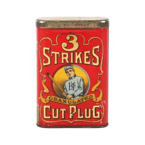 Rare, Canadian early 1900s 3 Strikes Cut Plug pocket tobacco tin, one of the most important (and elusive) pieces of Canadian tobacco history ever found. (CA$64,900)