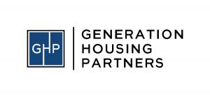 Generation Housing Partners logo featuring a navy blue square icon with thin white lines dividing it into four panes and the white initials “GHP,” separated by a slim vertical line from the black, uppercase sans‑serif words “GENERATION HOUSING PARTNERS.”