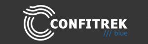 ConfiTrek Logo written in white with grey background. Blue written in Blue. ConfiTrek Blue Logo