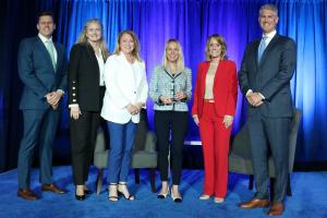 Best Company Presentation Award winner Jessica Walsh, CEO, RX Bandz (center); joined by (from left) Alan Zaccone,  Biotech & Pharma, CoreWeave; Kathleen Addison,  Life Sciences, J.P. Morgan; Taryn Bostjancic,  Life Sciences Services, Withum; Debbie Hart, 