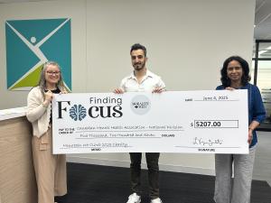 Three individuals standing indoors holding an oversized cheque for $5,207.00 made out to the Canadian Mental Health Association. From left to right: Loretta Zambito, Medical Director at Finding Focus; Ammar Subhan, Co-Founder and CTO; and Sharbani Roy, CM