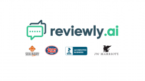Reviewly.ai logo with client logos including Silva Injury Law, Jersey Mike’s, BBB Accredited Business, and JW Marriott