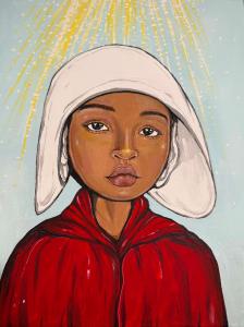 Artwork by Ivory Estella Balliol, Too Much Labor, 2025, Acrylic on canvas, 11x 14 in. (image of a painting of a Black female teen --Adriana Smith--in a white bonnet)