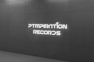 "A minimalist neon logo of PTMPIRATION RECORDS displayed on a dark tiled wall, with a stylized planet ring orbiting the letter 'A', representing the label's unique artistic orbit."