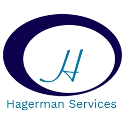 This is the logo for Hagerman Services. It features a dark navy blue oval shape with a white interior. Inside the oval, there's a stylized "H" in a teal or turquoise color that appears to be written in an elegant, cursive or script-style font. Below the o